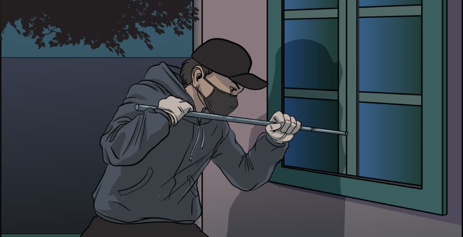 Illustration of burglar forcing entry through a window in Roanoke