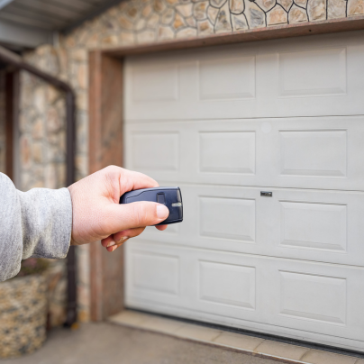 Roanoke security key fob pointing to a garage door